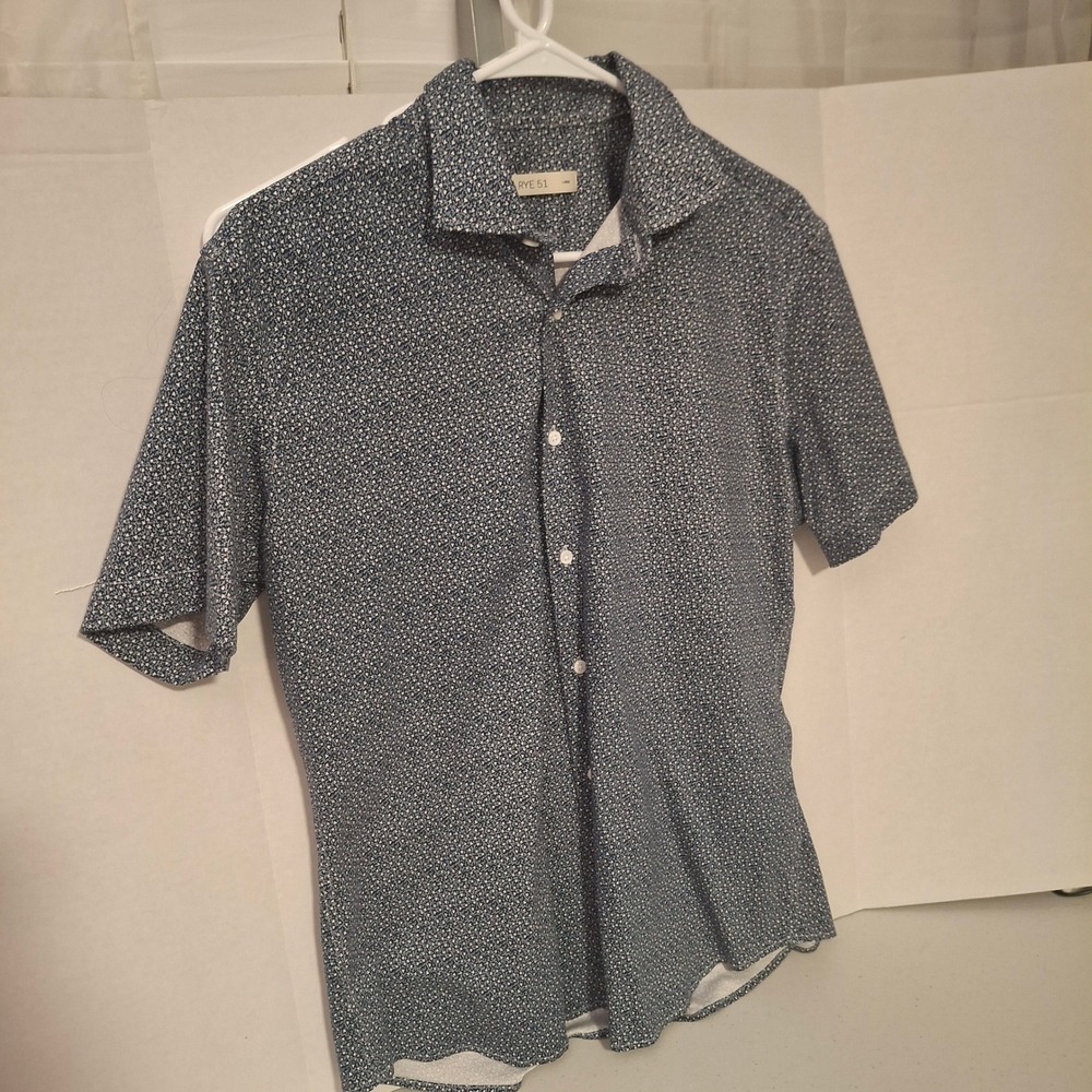 RYE 51 Mens Large Blue White Micro Dot Print AOP Short Sleeve Button Up‎ Shirt